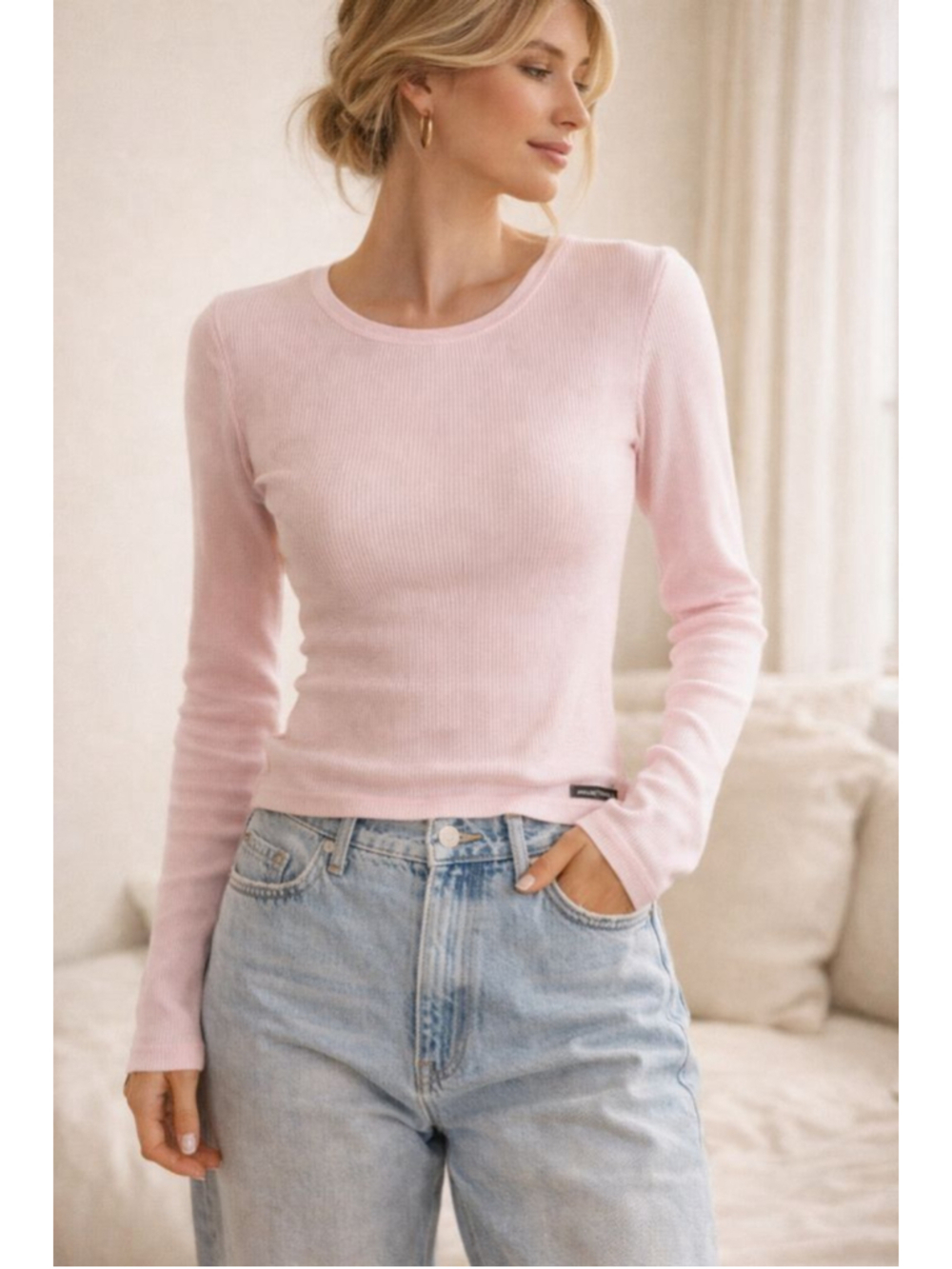 Abercrombie & Fitch Pink Ribbed Long Sleeve Tee Y2K Fitted Top Size L USA made